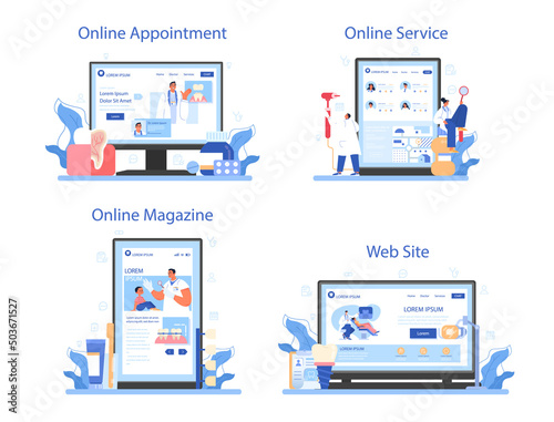 Dentistry online service or platform set. Dental doctor in uniform
