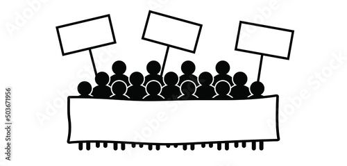 Cartoon stickman or stick figure man with speech bubble for protestation, manifestation. Group of people protesting. people demonstration with empty banner. Activists holding a banner or sign. Forum.