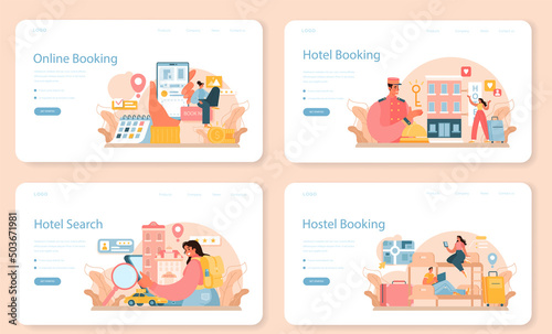 Booking a hotel web banner or landing page set. Traveling and tourism planning