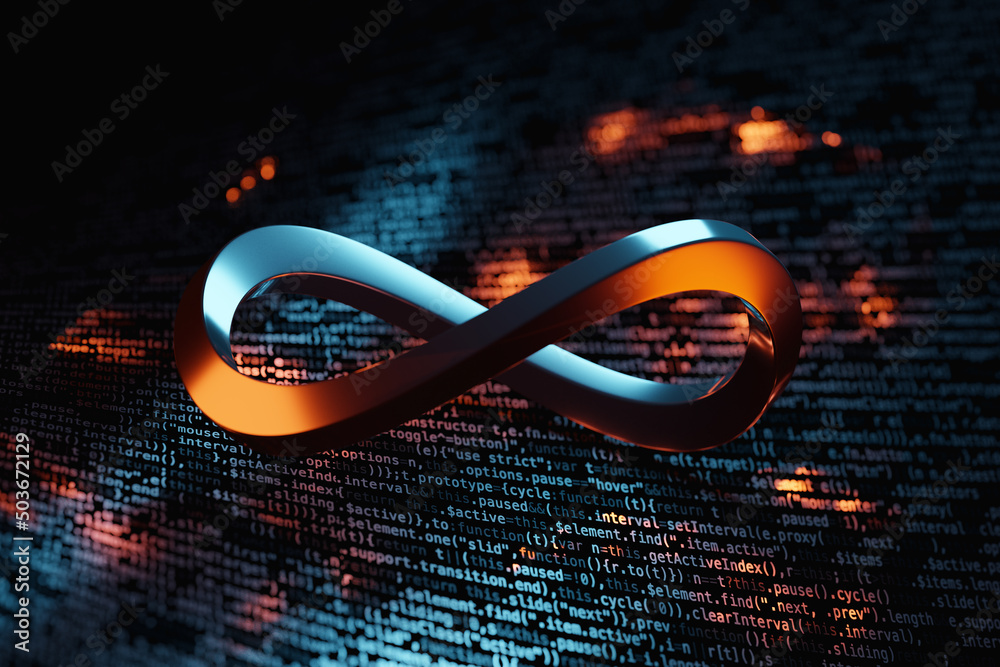 3D Infinity symbol on computer programming code. Computer science and ...