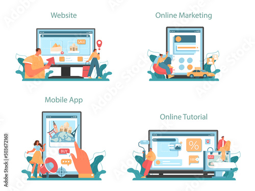 Travel agency marketing campaign online service or platform set