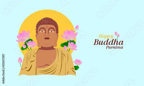  Happy Buddha Purnima, Vesak Day wishes greetings with a buddha and lotus vector illustration. Can be used for posters, banners, greetings, and print design.