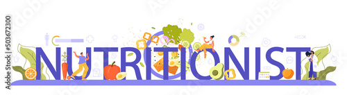 Nutritionist typographic header. Nutrition therapy with healthy food