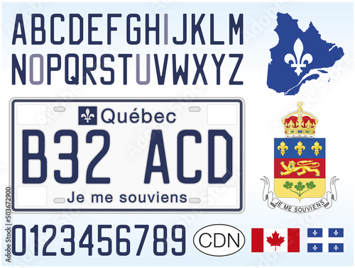 Quebec car license plate, Canada, letters, numbers and symbols, vector illustration