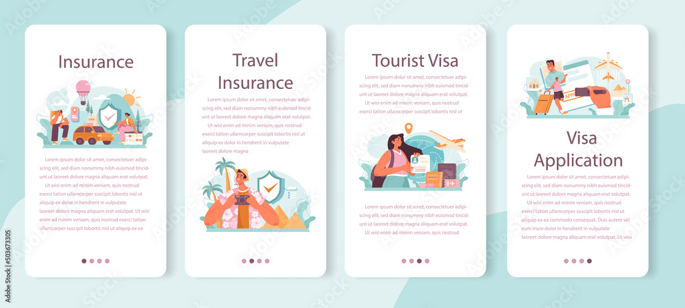 Traveling abroad mobile application banner set. Visa application - obrazy, fototapety, plakaty 