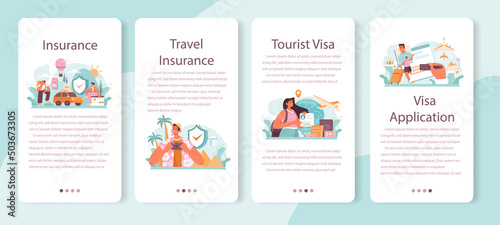 Traveling abroad mobile application banner set. Visa application