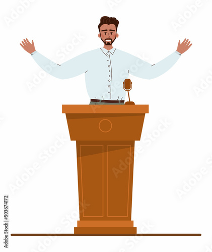 Latino-american businessman standing behind a lectern. Character wearing