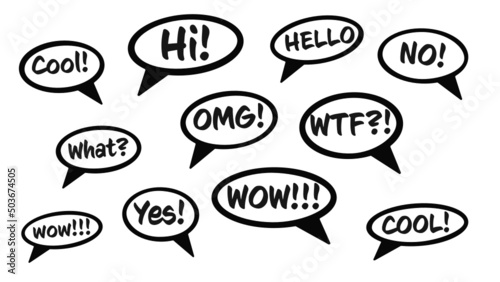 Chat speech bubble with talk phrase for communication set. Question, shout expression and comment message for chatting and social media conversation vector illustration isolated on white background