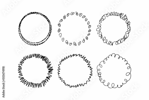 Set of abstract graphic round frames. Imitation of hatching. Vector isolated on white background.