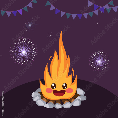 Cute cartoon bonfire character on night party with fireworks on the background