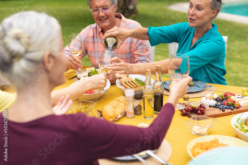 Senior caucasian male and female friends enjoying champagne during backyard party