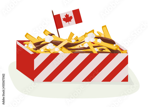 Poutine illustration. Canadian quebec quisine. French fries and cheese
