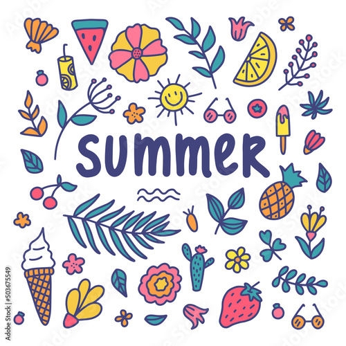Summer set. Vector illustration of colorful doodles of summer symbols © Vetriya