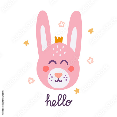 Cute rabbit face with the inscription Hello  postcard  poster design  vector flat illustration