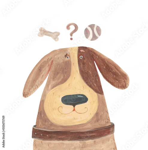 Dog with a question - ball or bone. Watercolor illustration, hand drawn © Julia Wegener