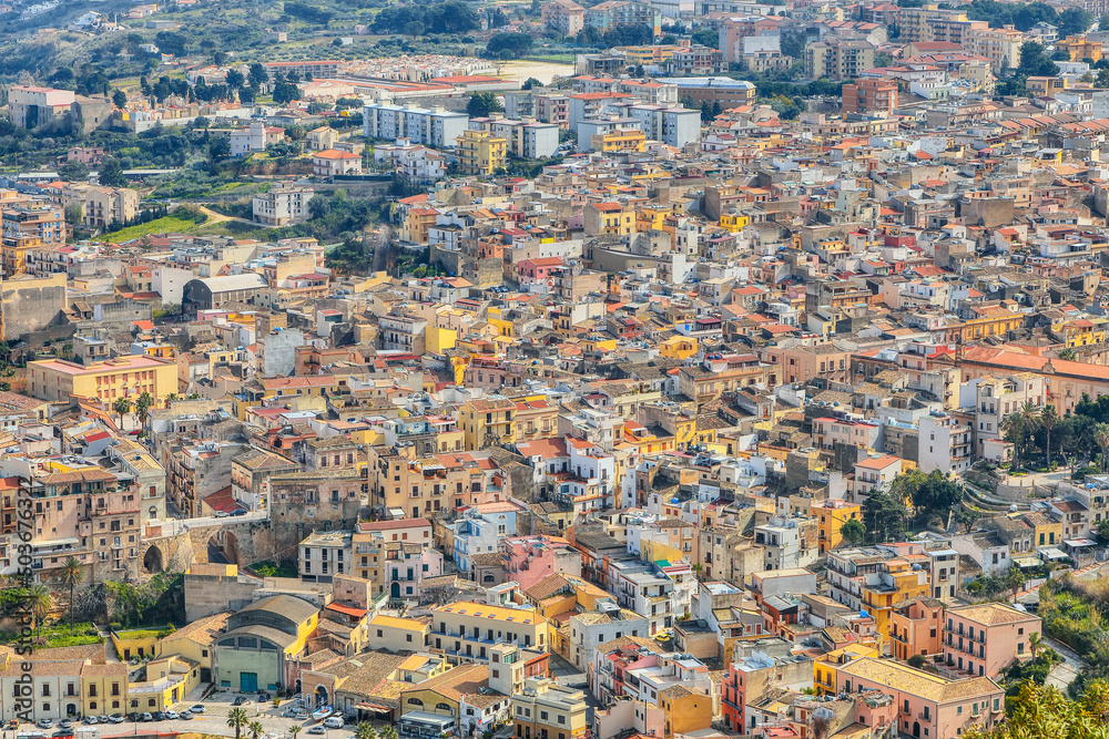 Unbelievable aerial cityscape of Castellammare del Golfo town.