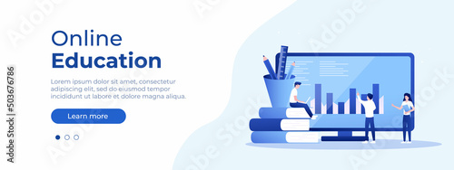 Online education concept. Vector layout for website page. Illustration in flat style with people studying remotely. Students learning online at home. Vector illustration EPS 10