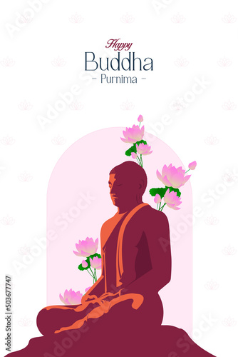 Happy Buddha Purnima, Vesak Day wishes greetings with a buddha and lotus vector illustration. Can be used for posters, banners, greetings, and print design.