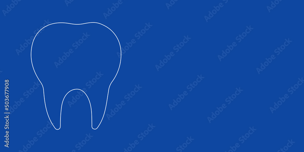 A large white outline tooth symbol on the left. Designed as thin white lines. Vector illustration on blue background A large white outline tooth symbol on the left. Designed as thin white lines. Vector illustration on blue background