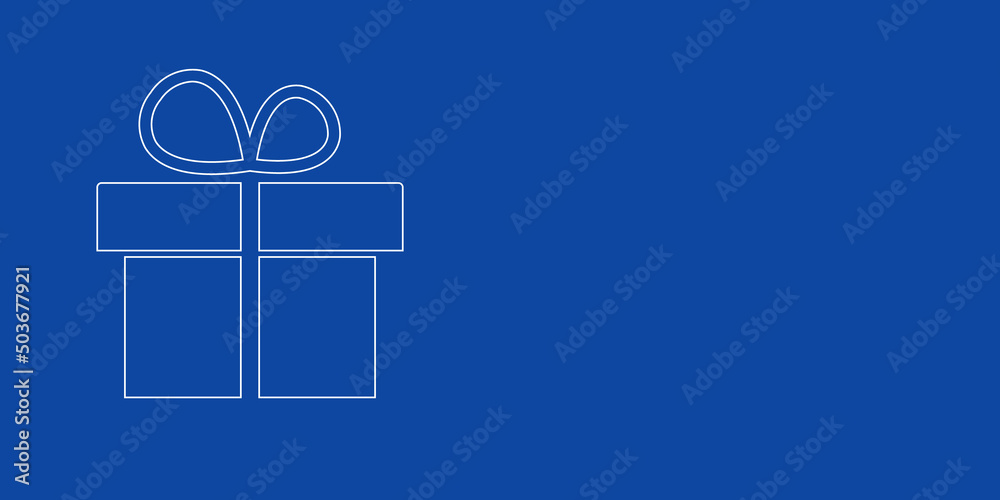 A large white outline gift symbol on the left. Designed as thin white lines. Vector illustration on blue background