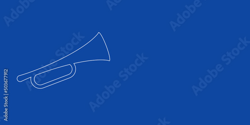 A large white outline trumpet symbol on the left. Designed as thin white lines. Vector illustration on blue background