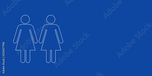A large white outline woman with woman symbol on the left. Designed as thin white lines. Vector illustration on blue background