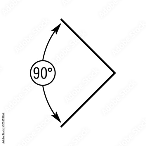 90 degrees angle vector icon. Right angle symbol with arrow. Isolated illustration on white background. 