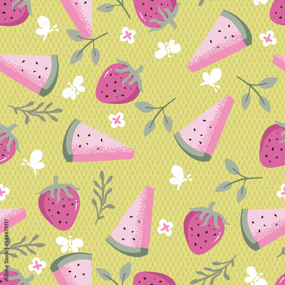 Summer Watermelon Slices and Strawberries Vector Seamless Pattern Summer Watermelon Slices and Strawberries Vector Seamless Pattern