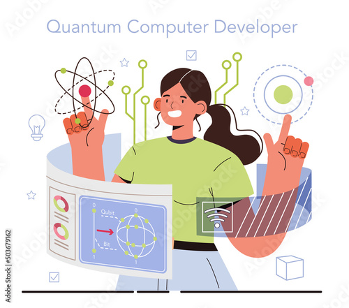 Quantum computer developing. Innovative calculations technology. Engineers