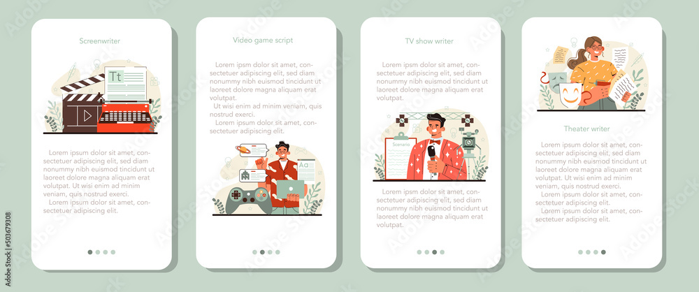 Screenwriter mobile application banner set. Playwright create a screenplay Screenwriter mobile application banner set. Playwright create a screenplay