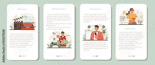 Screenwriter mobile application banner set. Playwright create a screenplay