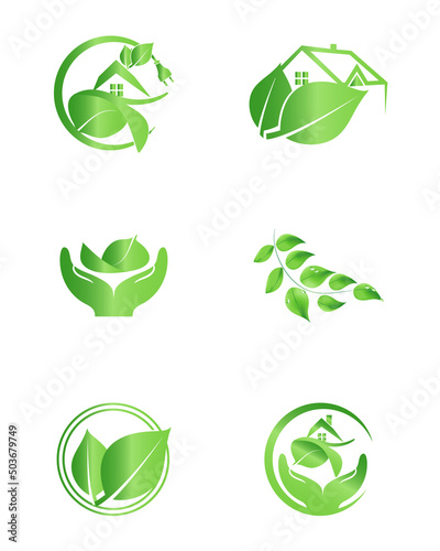 Set of vector eco icons. Ecological environment logo. Leaf, energy. Isolated on white background.