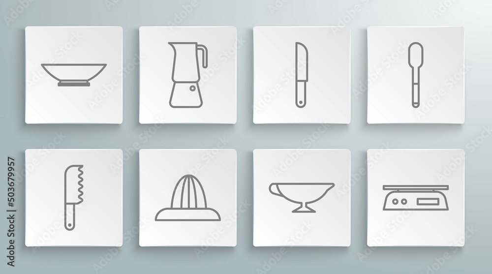 Set line Bread knife, Moka pot, Citrus fruit juicer, Sauce boat, Electronic scales, Knife, Spoon and Bowl icon. Vector Set line Bread knife, Moka pot, Citrus fruit juicer, Sauce boat, Electronic scales, Knife, Spoon and Bowl icon. Vector