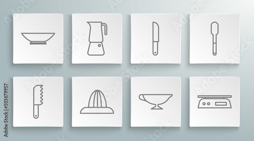Set line Bread knife, Moka pot, Citrus fruit juicer, Sauce boat, Electronic scales, Knife, Spoon and Bowl icon. Vector