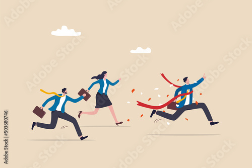 Fotografiet Businessman winning race celebrate victory at finish line, business success or achievement, skill or effort to succeed in work, motivation to win competition concept