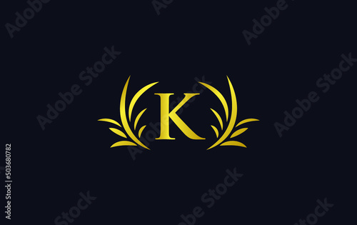 Golden laurel wreath leaf logo vector with the letters and alphabets K