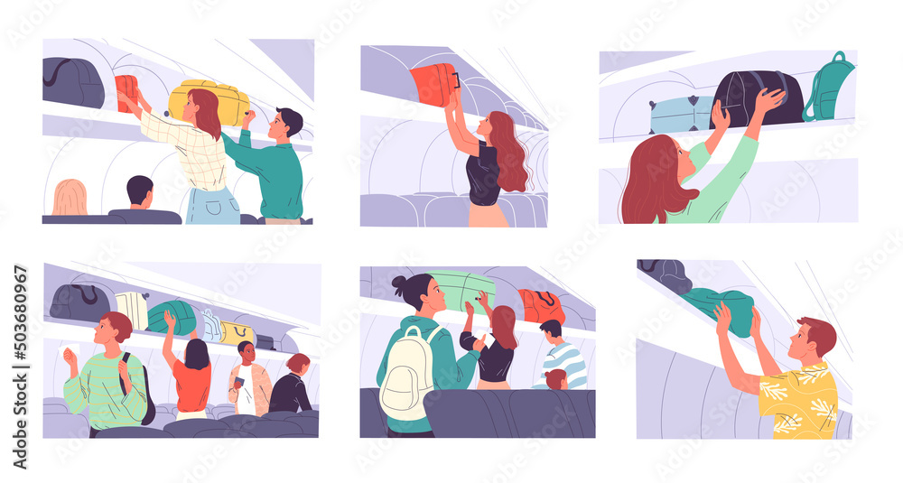 Passengers in the cabin prepare for the flight, take their seats, place their hand luggage Passengers in the cabin prepare for the flight, take their seats, place their hand luggage
