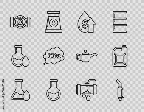 Set line Oil petrol test tube, price increase, Test and flask, Industry metallic pipes valve, CO2 emissions cloud, Broken with leaking water and Canister for gasoline icon. Vector