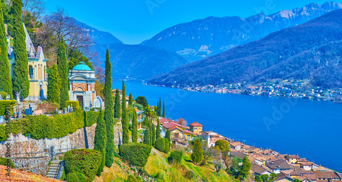 Panorama of Morcote with Monumental Cemetery, old housing and Lake Lugano, Switzerland