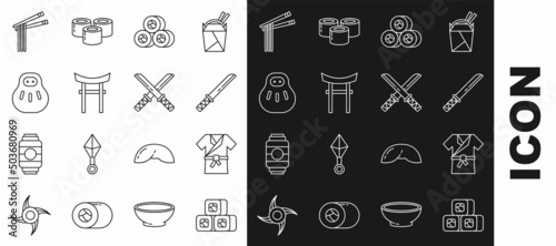 Set line Sushi, Japanese costume Kimono, Traditional katana, Gate, Maneki neko cat, Asian noodles and chopsticks and icon. Vector