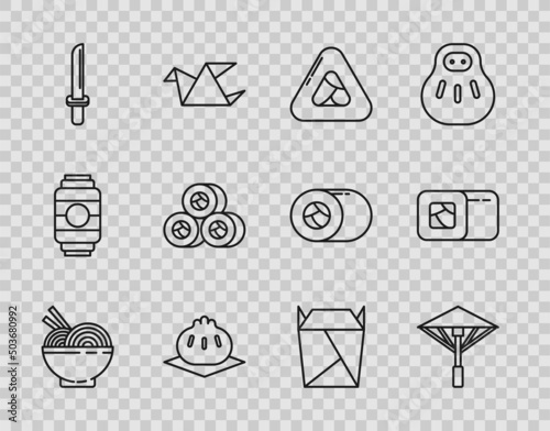 Set line Asian noodles in bowl and chopsticks, Japanese umbrella from the sun, Sushi, Khinkali on cutting board, katana, Rstaurant opened take out box filled and icon. Vector