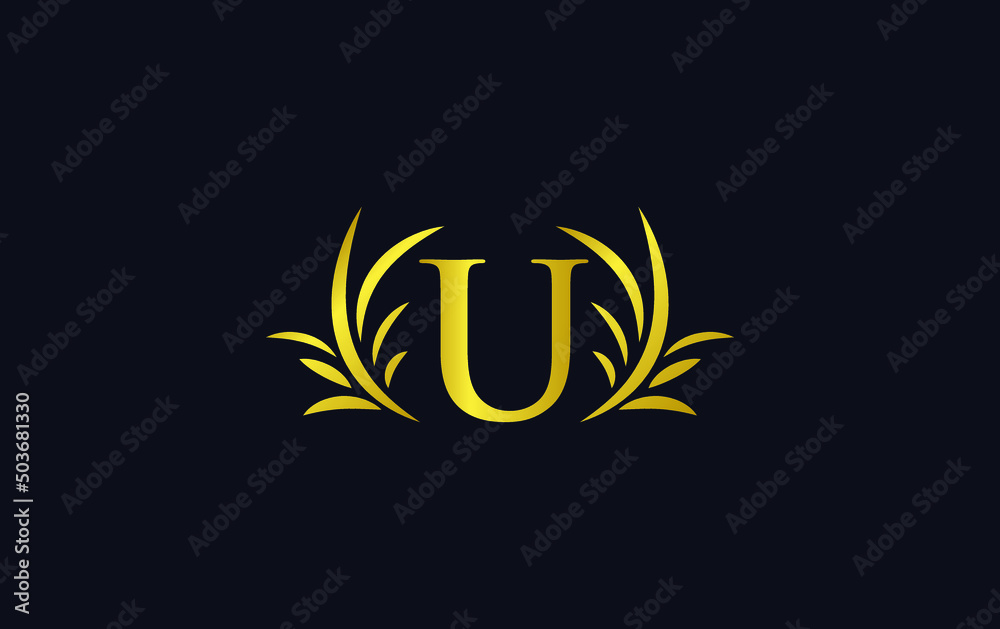 Golden laurel wreath leaf logo vector with the letters and alphabets U Golden laurel wreath leaf logo vector with the letters and alphabets U