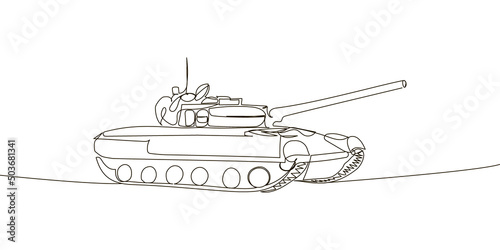 Battle tank continuous line drawing. One line art of military, armored personnel carrier, infantry fighting vehicle.