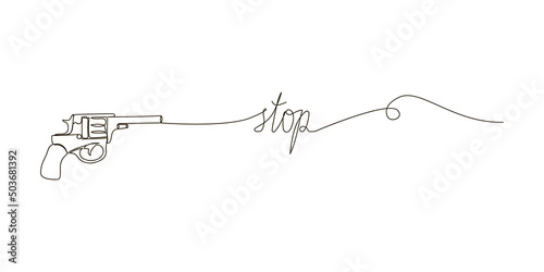Stop continuous line drawing. One line art of english hand written lettering with wishes of peace, do not shoot and firearms, air pistols, weapons, nagan, revolver.