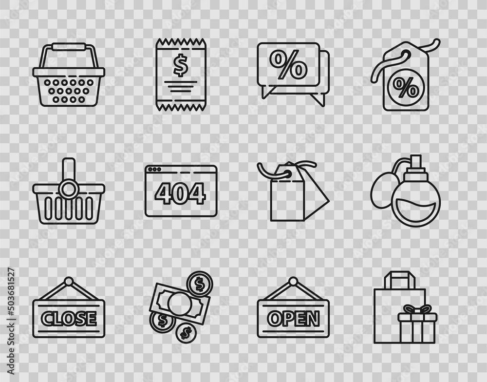 Set line Hanging sign with Closed, Gift box, Discount percent tag, Money cash and coin, Shopping basket, Page 404 error, Open and Perfume icon. Vector Set line Hanging sign with Closed, Gift box, Discount percent tag, Money cash and coin, Shopping basket, Page 404 error, Open and Perfume icon. Vector