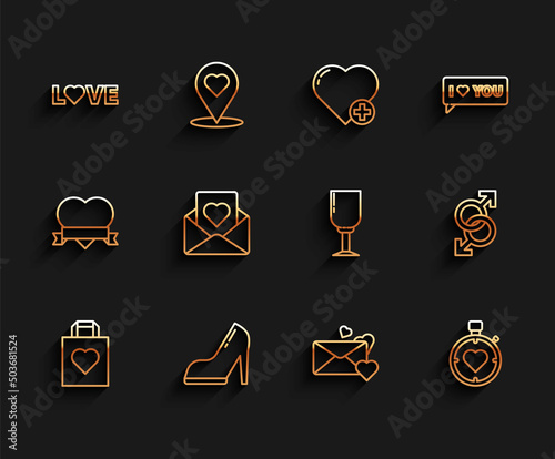 Set line Shopping bag with heart, Woman shoe high heel, Love text, Envelope, Heart the center stopwatch, Male gender symbol and Wine glass icon. Vector