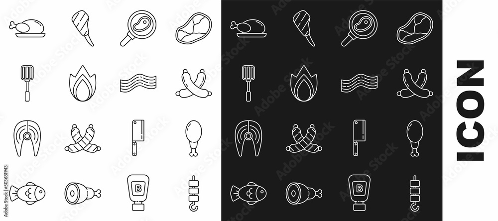 Set line Grilled shish kebab on skewer stick, Chicken leg, Crossed sausage, Steak meat in frying pan, Fire flame, Spatula, Roasted turkey or chicken and Bacon stripe icon. Vector Set line Grilled shish kebab on skewer stick, Chicken leg, Crossed sausage, Steak meat in frying pan, Fire flame, Spatula, Roasted turkey or chicken and Bacon stripe icon. Vector