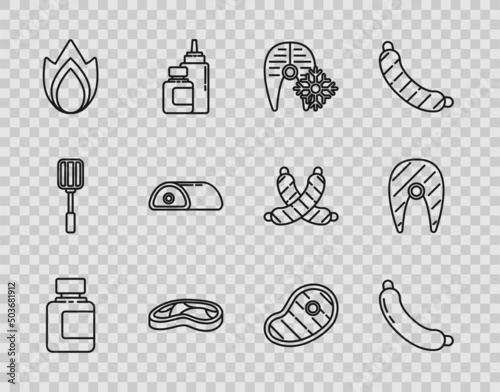 Set line Sauce bottle, Sausage, Fresh frozen fish steak, Steak meat, Fire flame, Meat, and Fish icon. Vector