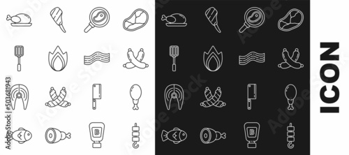 Set line Grilled shish kebab on skewer stick, Chicken leg, Crossed sausage, Steak meat in frying pan, Fire flame, Spatula, Roasted turkey or chicken and Bacon stripe icon. Vector