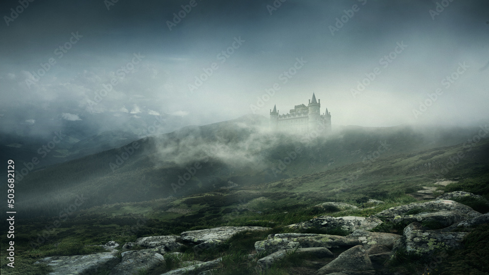 Scary and mystic theme, ancient castles, rocks and mountains in fog. Conceptual background for your design, poster, ad.